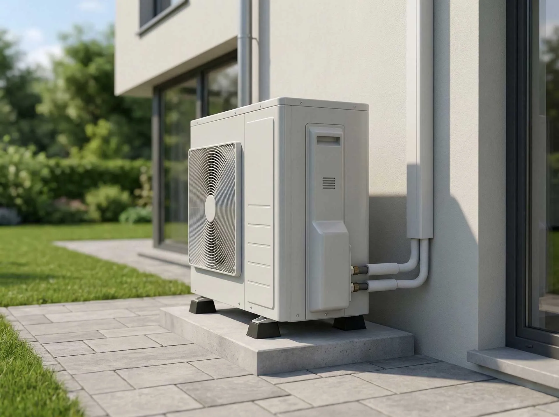 Unité extérieure de pompe à chaleur Air-Eau ACM Clima installée de manière professionnelle sur une terrasse en Brabant Wallon